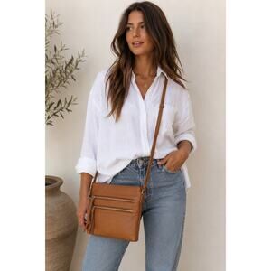 NWT Camel Cognac Vegan Leather Crossbody Bag Purse Double Zip Tassel Adjustable